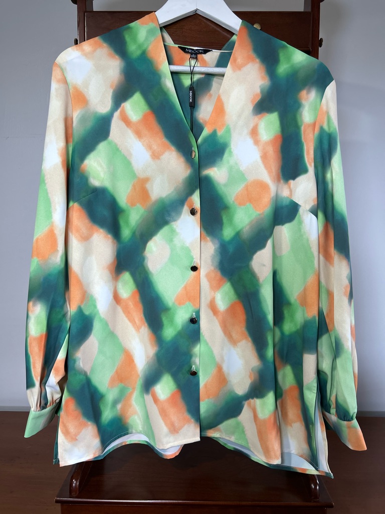 Nwt Misook Women’s Large Watercolor Button-Down Blouse Green Orange Cream